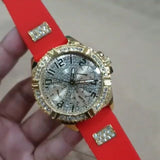 Buy Shop Guess Frontier Diamonds Gold Dial Red Rubber Strap Watch for Women - GW0045L2 USA Online