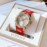 Buy Shop Guess Frontier Diamonds Gold Dial Red Rubber Strap Watch for Women - GW0045L2 USA Online
