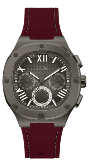 Buy Shop Guess Headline Multifunction Grey Dial Burgundy Silicone Strap Watch For Men - GW0571G4 USA Online