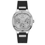 Guess Duchess Crystals Silver Dial Black Silicon Strap Watch For Women - GW0619L1