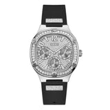 Guess Duchess Crystals Silver Dial Black Silicon Strap Watch For Women - GW0619L1