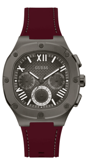 Buy Shop Guess Headline Multifunction Grey Dial Burgundy Silicone Strap Watch For Men - GW0571G4 USA Online