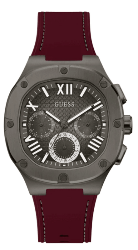 Buy Shop Guess Headline Multifunction Grey Dial Burgundy Silicone Strap Watch For Men - GW0571G4 USA Online