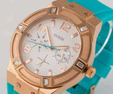 Guess Jet Setter White Dial Turquoise Silicone Strap Watch For Women - W0564L3