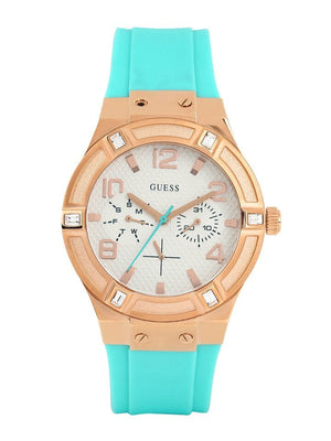 Buy Shop Guess Jet Setter White Dial Turquoise Silicone Strap Watch For Women - W0564L3 USA Online