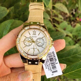 Buy Shop Guess Limelight Quartz Silver Dial Golden Leather Strap Watch For Women - W0775L2 USA Online