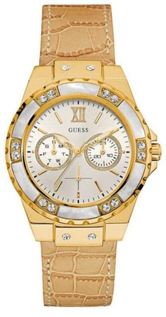 Buy Shop Guess Limelight Quartz Silver Dial Golden Leather Strap Watch For Women - W0775L2 USA Online
