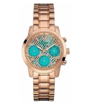 Buy Shop Guess Mini Sunrise Multi Function Analog Turquoise Dial Rose Gold Steel Strap Watch For Women - W0448L8 USA Online