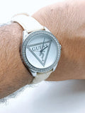Buy Shop Guess Mini Triangle Quartz Diamonds Silver Dial White Leather Strap Watch For Women - W65006L1 USA Online
