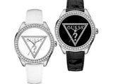 Buy Shop Guess Mini Triangle Quartz Diamonds Silver Dial White Leather Strap Watch For Women - W65006L1 USA Online