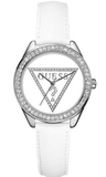 Buy Shop Guess Mini Triangle Quartz Diamonds Silver Dial White Leather Strap Watch For Women - W65006L1 USA Online