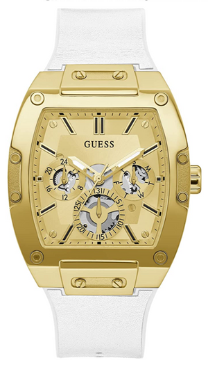 Buy Shop Guess Phoenix Multifunction Gold Dial White Leather Strap Watch for Men - GW0202G6 USA Online