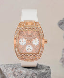 Guess Raven Diamonds Rose Gold Dial White Silicone Strap Watch for Women - GW0105L3