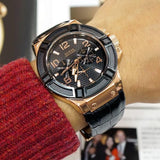 Buy Shop Guess Rigor Analog Black Dial Black Leather Strap Watch For Men - W0040G5 USA Online
