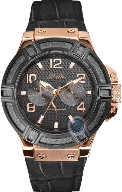 Buy Shop Guess Rigor Analog Black Dial Black Leather Strap Watch For Men - W0040G5 USA Online