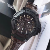 Buy Shop Guess Rigor Analog Quartz Black Dial Brown Leather Strap Watch For Men - W0040G2 USA Online