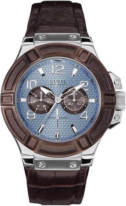 Buy Shop Guess Rigor Analogue Quartz Blue Dial Brown Leather Strap Watch For Men - W0040G10 USA Online
