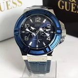 Buy Shop Guess Rigor Multifunction Chronograph Blue Dial Blue Leather Strap Watch For Men - W0040G7 USA Online