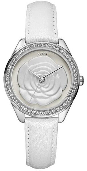 Buy Shop Guess Rosette Analog White Dial White Leather Strap Watch For Women - W75043L1 USA Online