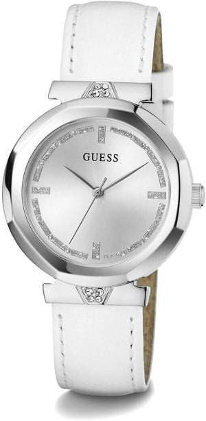 Buy Shop Guess Rumour Silver Dial White Leather Strap Watch For Women - GW0689L1 USA Online
