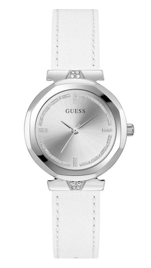 Buy Shop Guess Rumour Silver Dial White Leather Strap Watch For Women - GW0689L1 USA Online