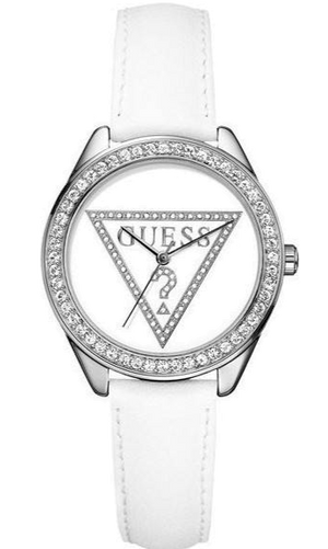 Buy Shop Guess Mini Triangle Quartz Diamonds Silver Dial White Leather Strap Watch For Women - W65006L1 USA Online