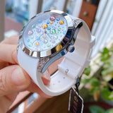 Buy Shop Guess Wanderlust Crystals Silver Dial White Rubber Strap Watch For Women - W1059L3 USA Online
