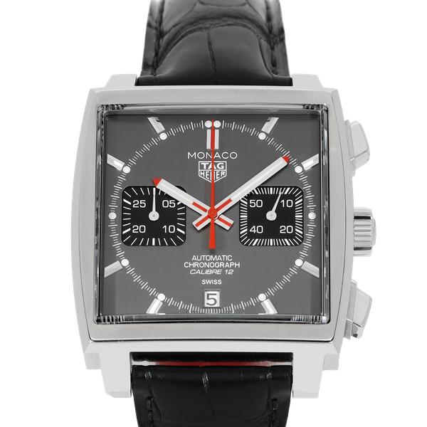 Buy Shop Tag Heuer Monaco Calibre 12 Final Edition Chronograph Grey Dial Black Leather Strap Watch for Men - CAW211J.FC6476 USA Online