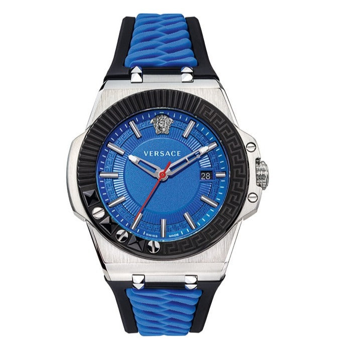 Buy Shop Versace Chain Reaction Quartz Blue Dial Blue & Black Leather Strap Watch for Men - VEDY00119 USA Online