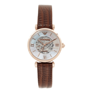Buy Shop Emporio Armani Meccanico Skeleton Mother of Pearl Dial Brown Leather Strap Watch For Women - AR1993 USA Online