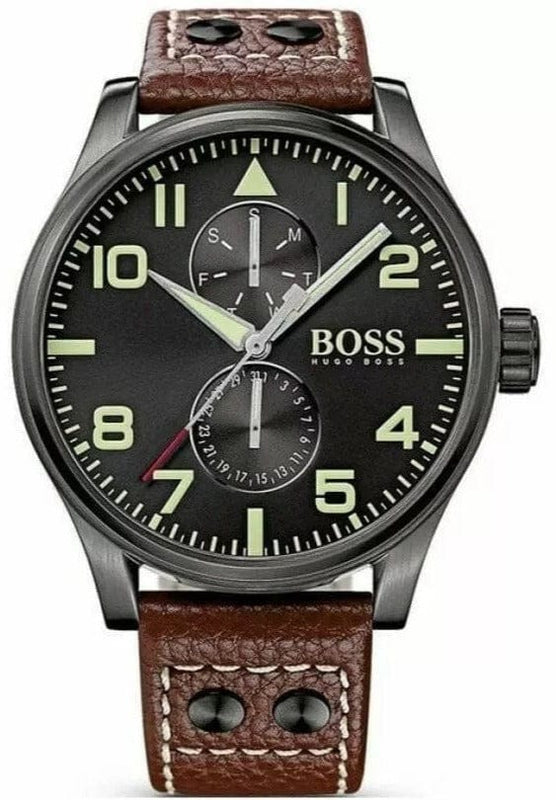 Buy Shop Hugo Boss Aeroliner Day Date Black Dial Brown Leather Strap Watch For Men - HB1513079 USA Online