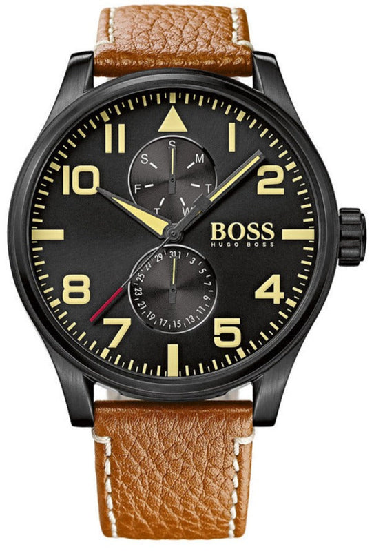 Buy Shop Hugo Boss Aeroliner Maxx Chronograph Black Dial Brown Leather Strap Watch For Men - HB1513082 USA Online