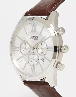 Buy Shop Hugo Boss Ambassador Chronograph Silver Dial Brown Leather Strap Watch For Men - HB1513195 USA Online