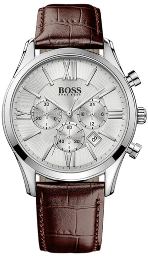 Buy Shop Hugo Boss Ambassador Chronograph Silver Dial Brown Leather Strap Watch For Men - HB1513195 USA Online
