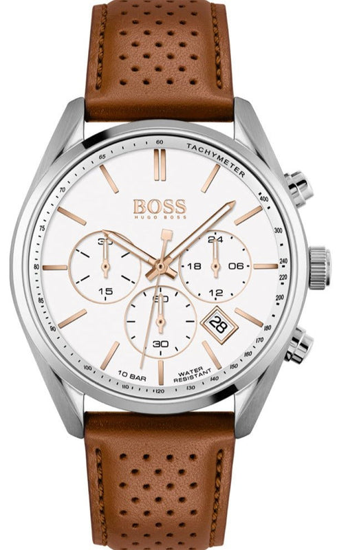 Buy Shop Hugo Boss Champion White Dial Brown Leather Strap Watch for Men - 1513879 USA Online