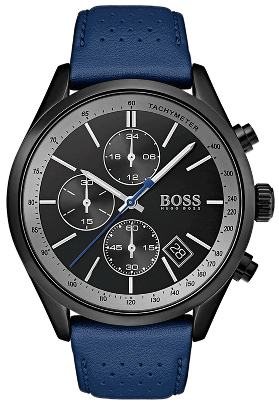Buy Shop Hugo Boss Grand Prix Chronograph Black Dial Blue Leather Strap Watch for Men - 1513563 USA Online