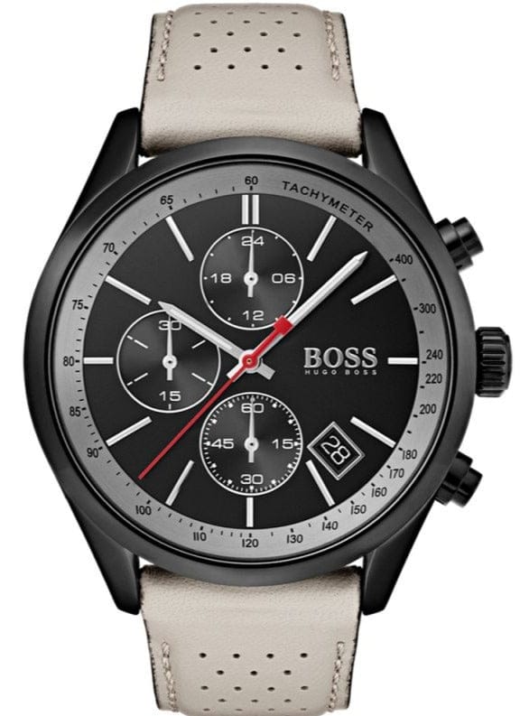 Buy Shop Hugo Boss Grand Prix Chronograph Black Dial Grey Leather Strap Watch for Men - 1513562 USA Online