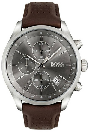 Buy Shop Hugo Boss Grand Prix Grey Dial Brown Leather Strap Watch for Men - 1513476 USA Online