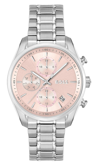 Buy Shop Hugo Boss Grand Tour Chronograph Pink Mother of Pearl Dial Silver Steel Strap Watch for Women - 1502765 USA Online