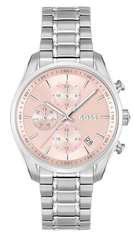 Buy Shop Hugo Boss Grand Tour Chronograph Pink Mother of Pearl Dial Silver Steel Strap Watch for Women - 1502765 USA Online