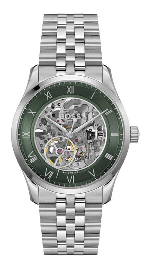 Buy Shop Hugo Boss Principle Skeleton Green Dial Silver Steel Strap Watch for Men - 1514236 USA Online