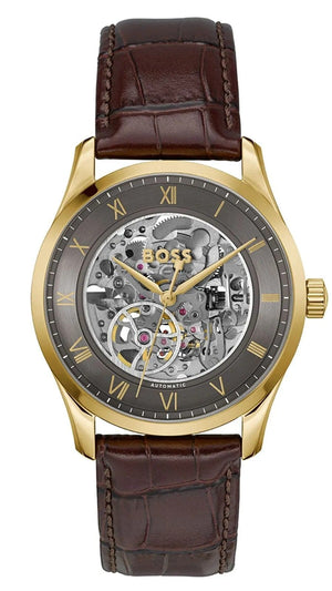 Buy Shop Hugo Boss Principle Skeleton Grey Dial Brown Leather Strap Watch for Men - 1514235 USA Online