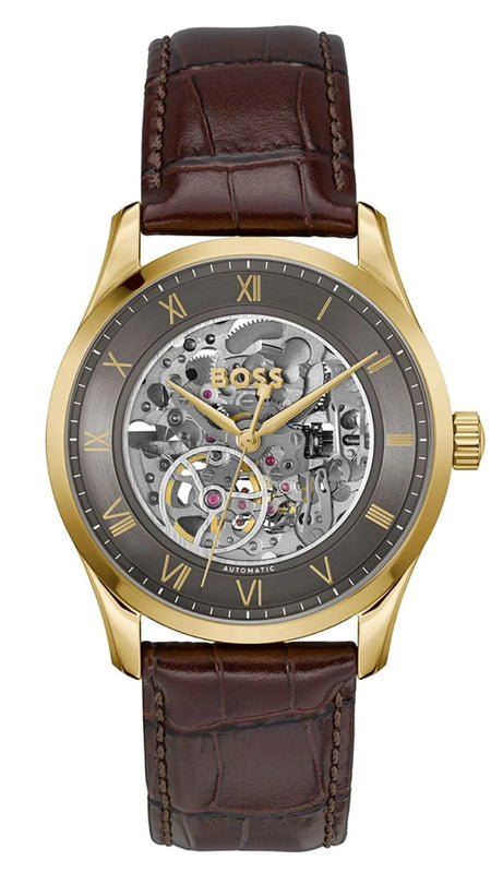 Buy Shop Hugo Boss Principle Skeleton Grey Dial Brown Leather Strap Watch for Men - 1514235 USA Online