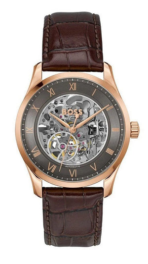 Buy Shop Hugo Boss Principle Skeleton Grey Dial Brown Leather Strap Watch for Men - 1514253 USA Online