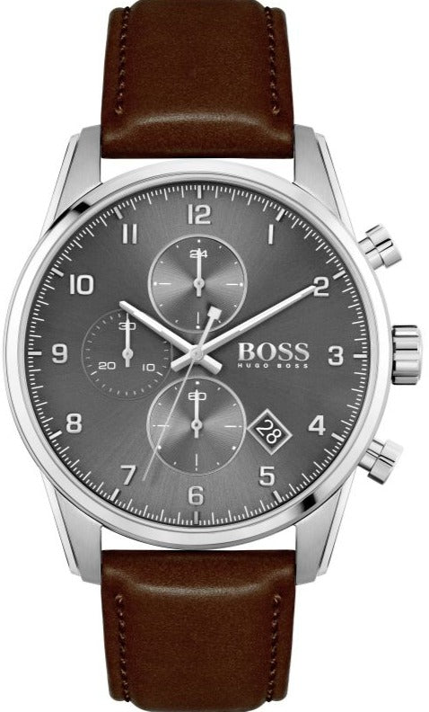 Buy Shop Hugo Boss Skymaster Grey Dial Brown Leather Strap Watch for Men - 1513787 USA Online