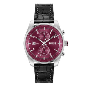 Buy Shop Hugo Boss Skytraveller Chronograph Burgundy Red Dial Black Leather Strap Watch for Men - 1514193 USA Online