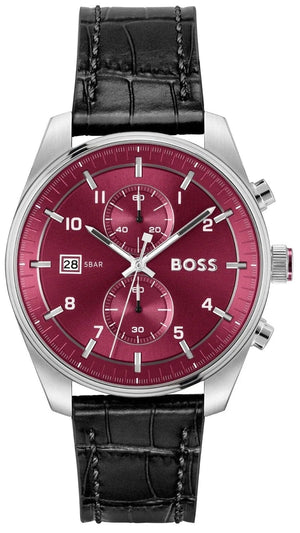 Buy Shop Hugo Boss Skytraveller Chronograph Burgundy Red Dial Black Leather Strap Watch for Men - 1514193 USA Online