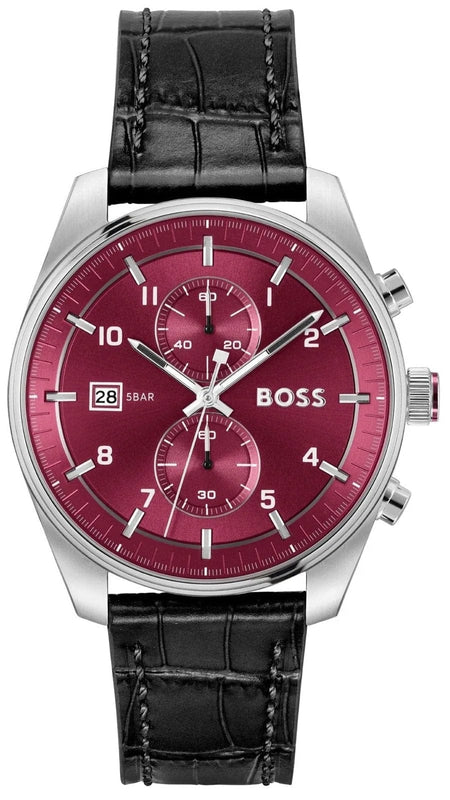 Buy Shop Hugo Boss Skytraveller Chronograph Burgundy Red Dial Black Leather Strap Watch for Men - 1514193 USA Online
