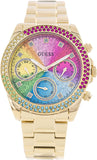 Guess Confetti Chronograph Rainbow Dial Gold Steel Strap Watch For Women - GW0483L4