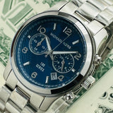 Buy Shop Michael Kors Hunger Stop 100 Series Navy Blue Dial Silver Steel Strap Watch for Women - MK5814 USA Online